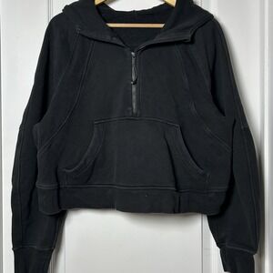 Lululemon Washed Black Cotton Fleece Cropped Quarter Zip Hooded Sweatshirt